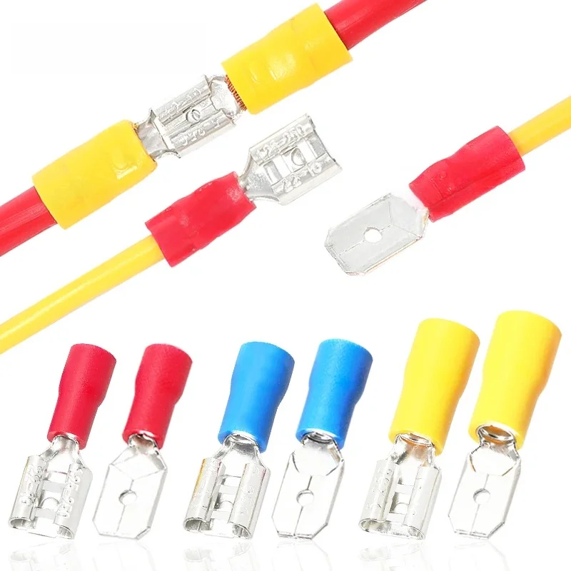 30 zestawów 6,3 mm zaciskanych końcówek widełkowych Złącza przewodów elektrycznych Izolowane męskie i żeńskie Do szybkiego łączenia kabli Wtyczki połączeniowe — zdjęcie 2