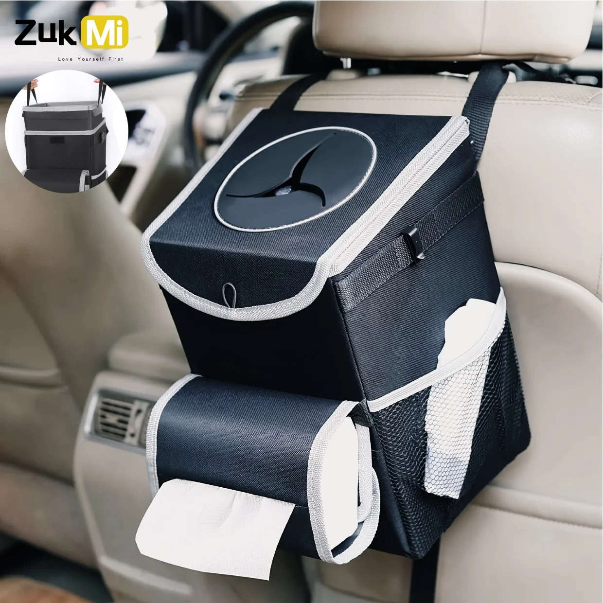 Car Trash Can with Lid – 3.5 Gallons Automotive Garbage Cans with Removable Leak-Proof Liner,Adjustable Tissue Holder & Storage