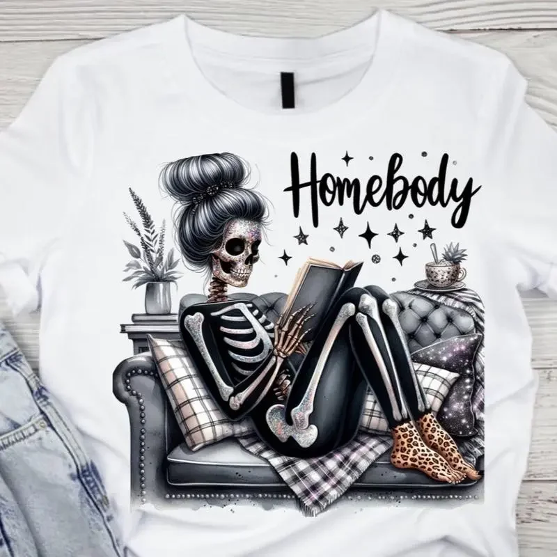 

Vintage Homebody Skeleton Art Graphic Tee Oversized Short Sleeve Round Neck Streetwear T Shirt Casual Unisex Y2K Harajuku