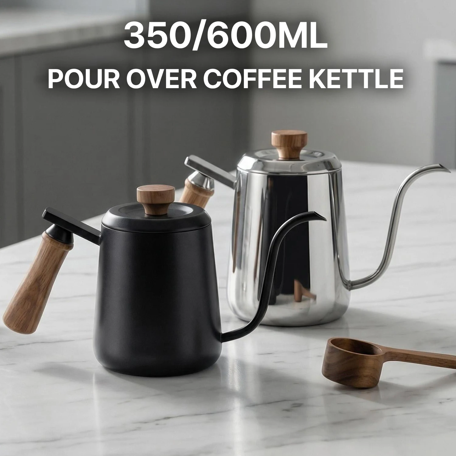 350/600ml Edelstahl-Kaffeekanne mit Schwanenhals-Ausgießer, Antihaftbeschichtung, Holzgriff und Thermometer