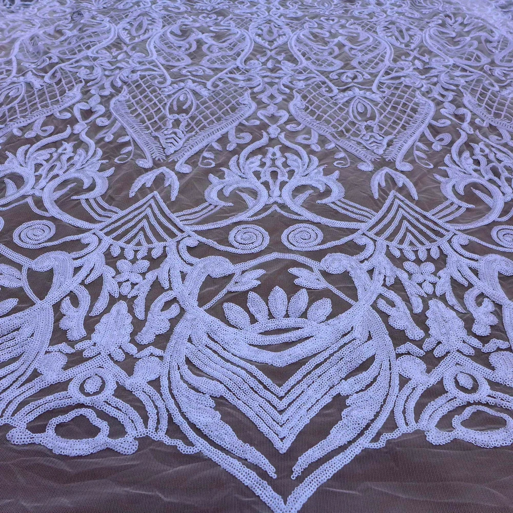

HelluyerDc White,Red sequins lace fabric,large patterns heavy embroidery for wedding prom dress fabric by the yard