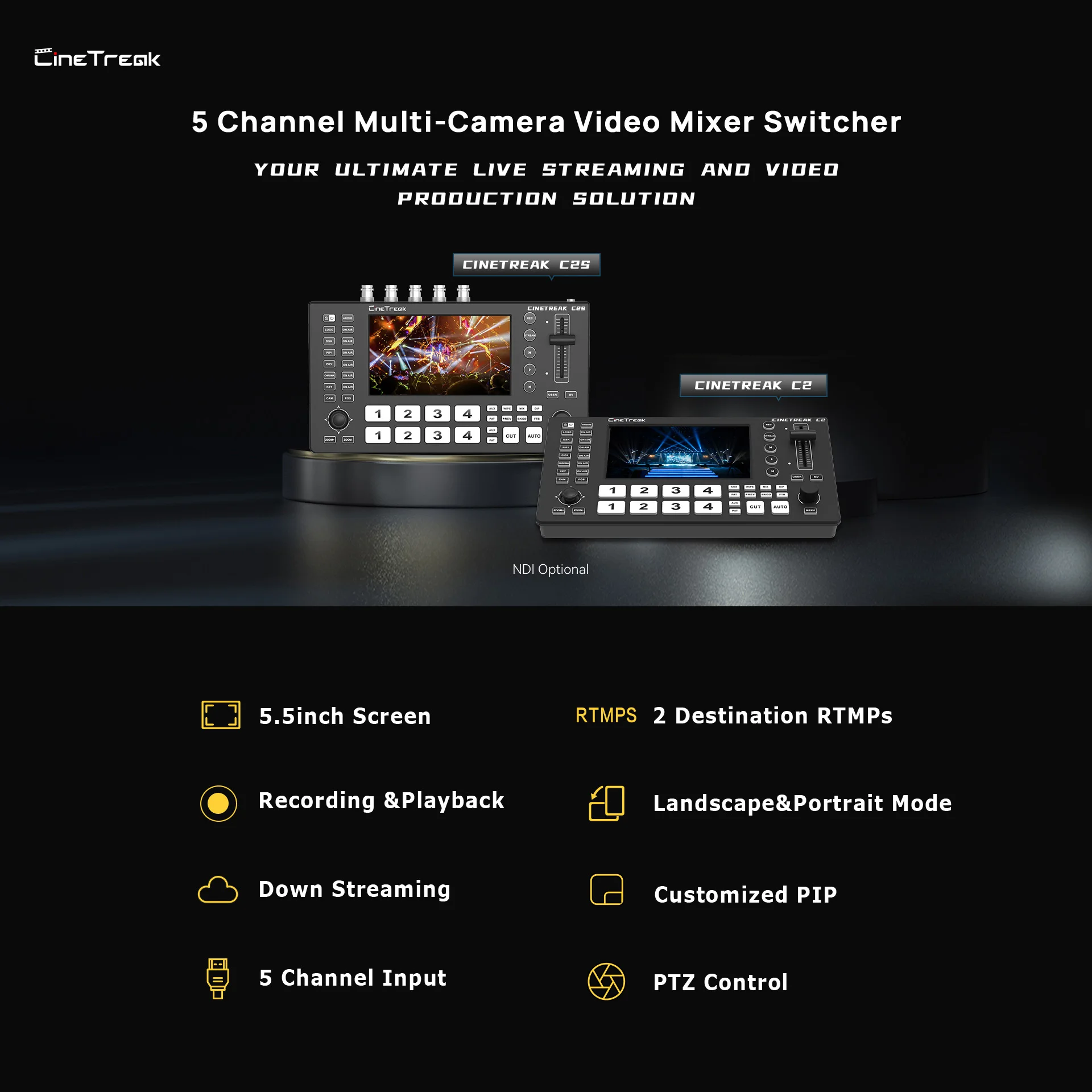 Cinetreak C2/C2S 5-Channel HDMI/SDI Video Switcher 5.5-Inch Screen PTZ Control Live Streaming Mixer for Multi-Camera Production