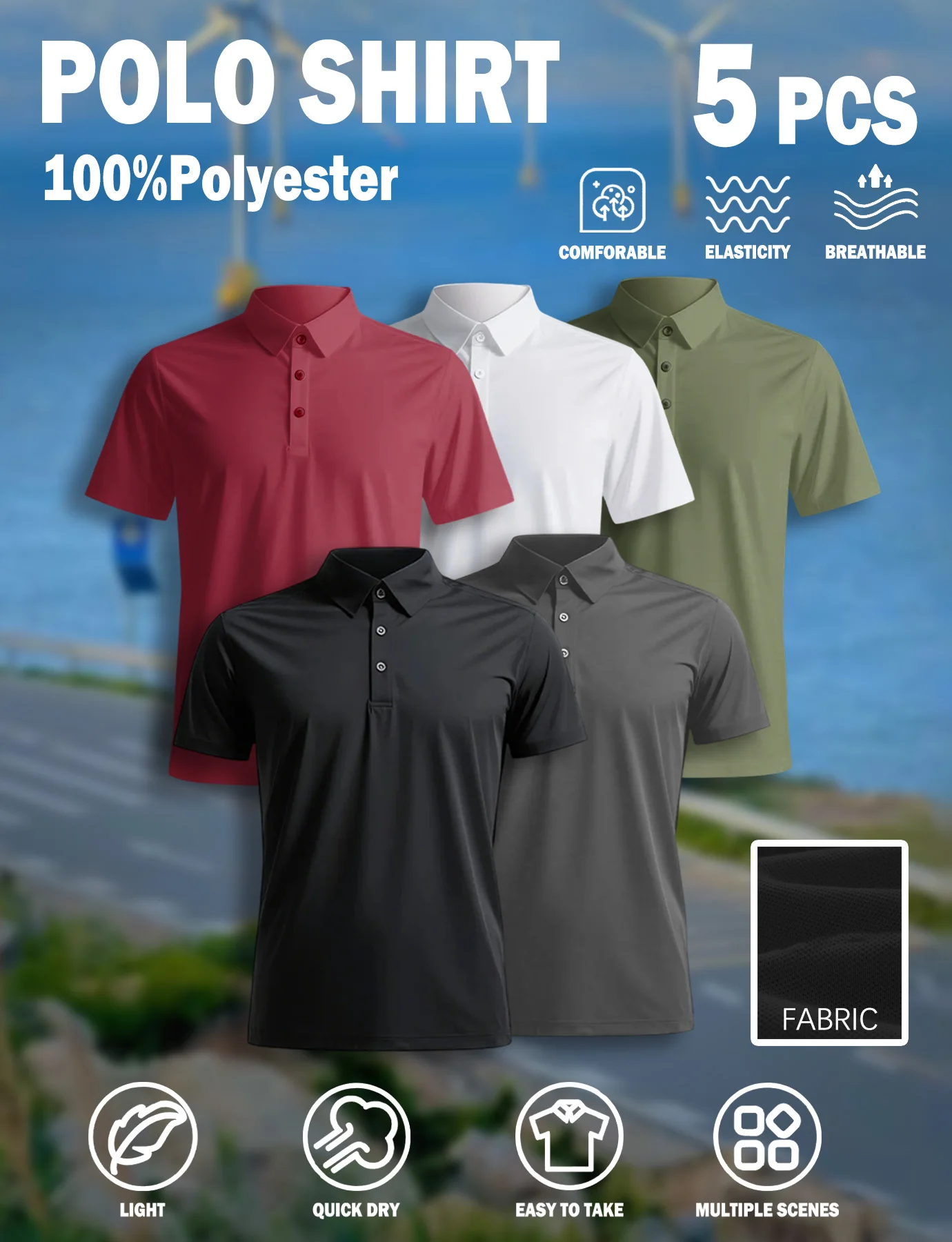 

5 Piece Men's Polo Shirts, Multi-color Combo Pack Men's Clothing, Men's Casual Shirts