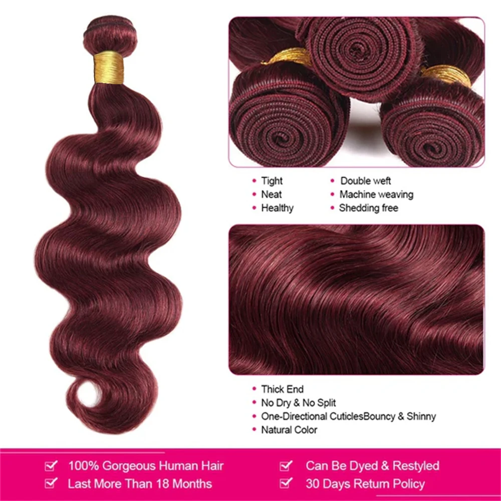 Borgonha Remy Ondulado Pacotes de cabelo com laço frontal, Onda do corpo, Virgem brasileira, Vinho vermelho, 3 Pacotes, 13x4, # 99J, 2 Pacotes