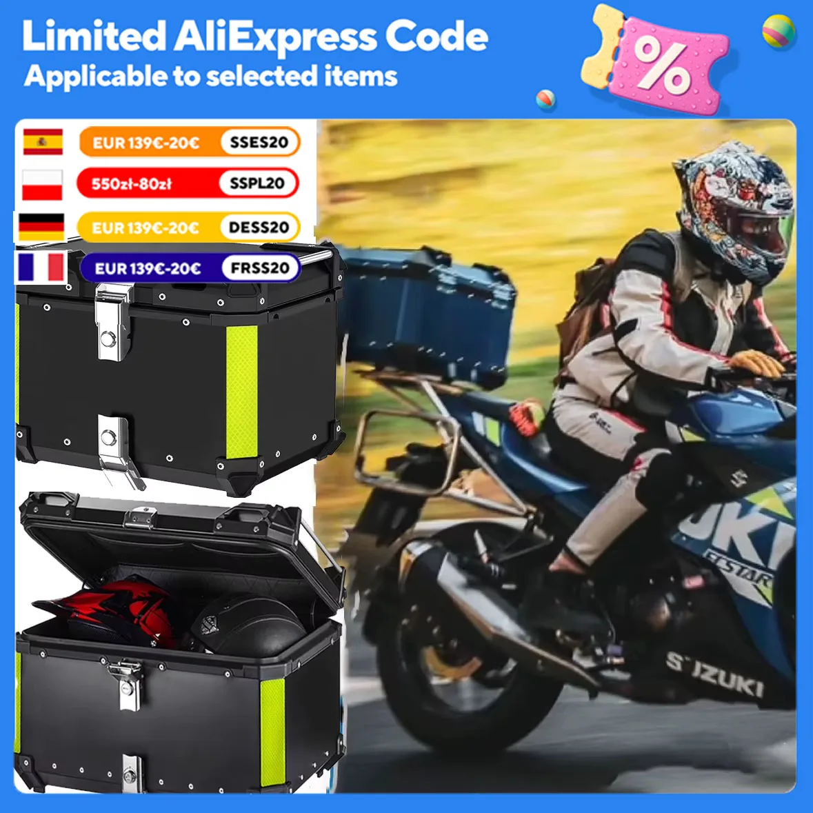 Caja trasera universal para maletero de motocicleta de 55L, 45L, caja superior de aluminio, caja de equipaje trasera, caja superior impermeable para casco, caja de herramientas