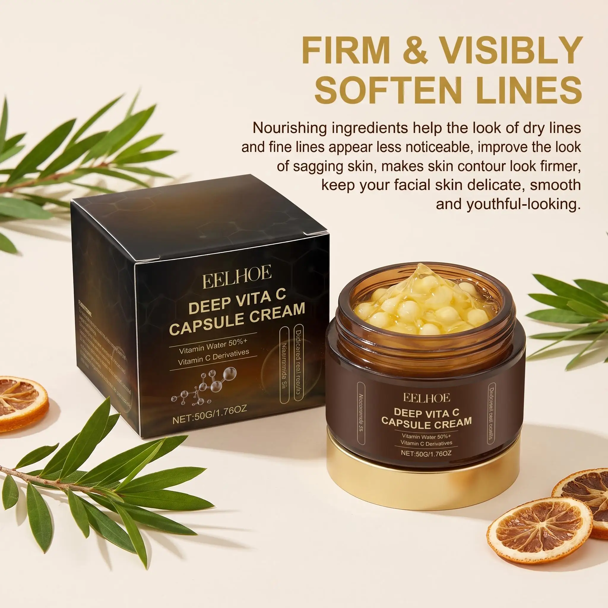 Eelhoe Vitamin C Capsule Moisturizing Face Cream Rejuvenate Skin Brightening Even Skin Tone Minimizes Pores Skincare Wrinkles Remover Face Cream
