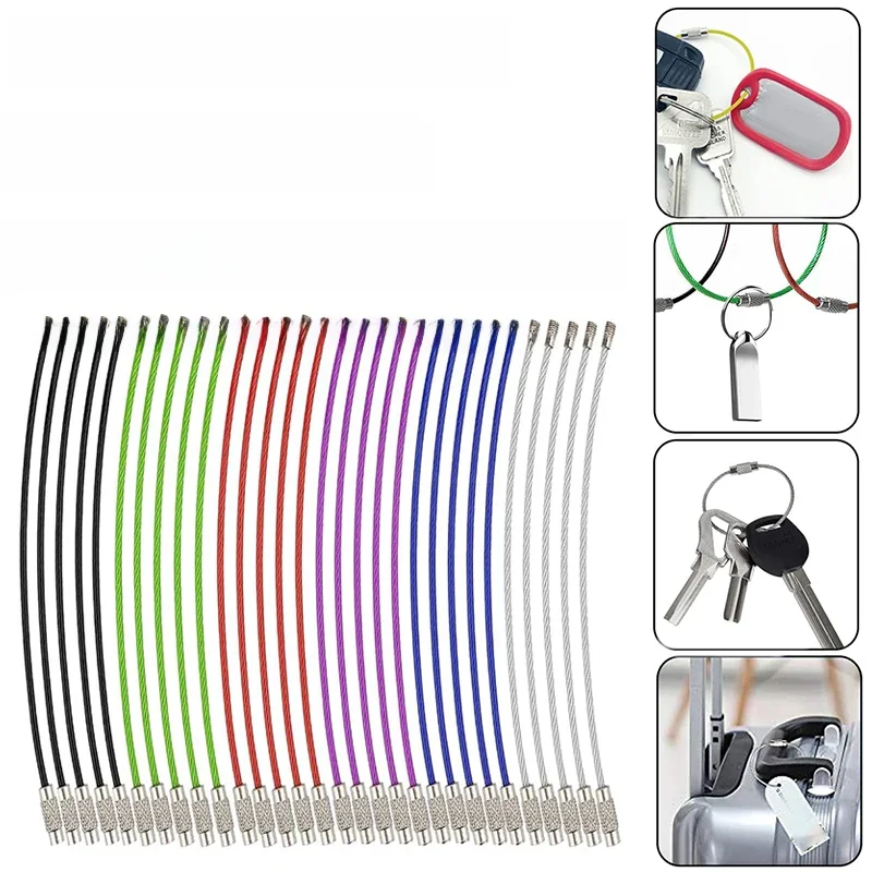 50 ~ 10 pièces 10/15CM en acier inoxydable porte-clés étiquette corde fil câble boucle vis serrure Gadget anneaux porte-clés cercle Camp corde raccords