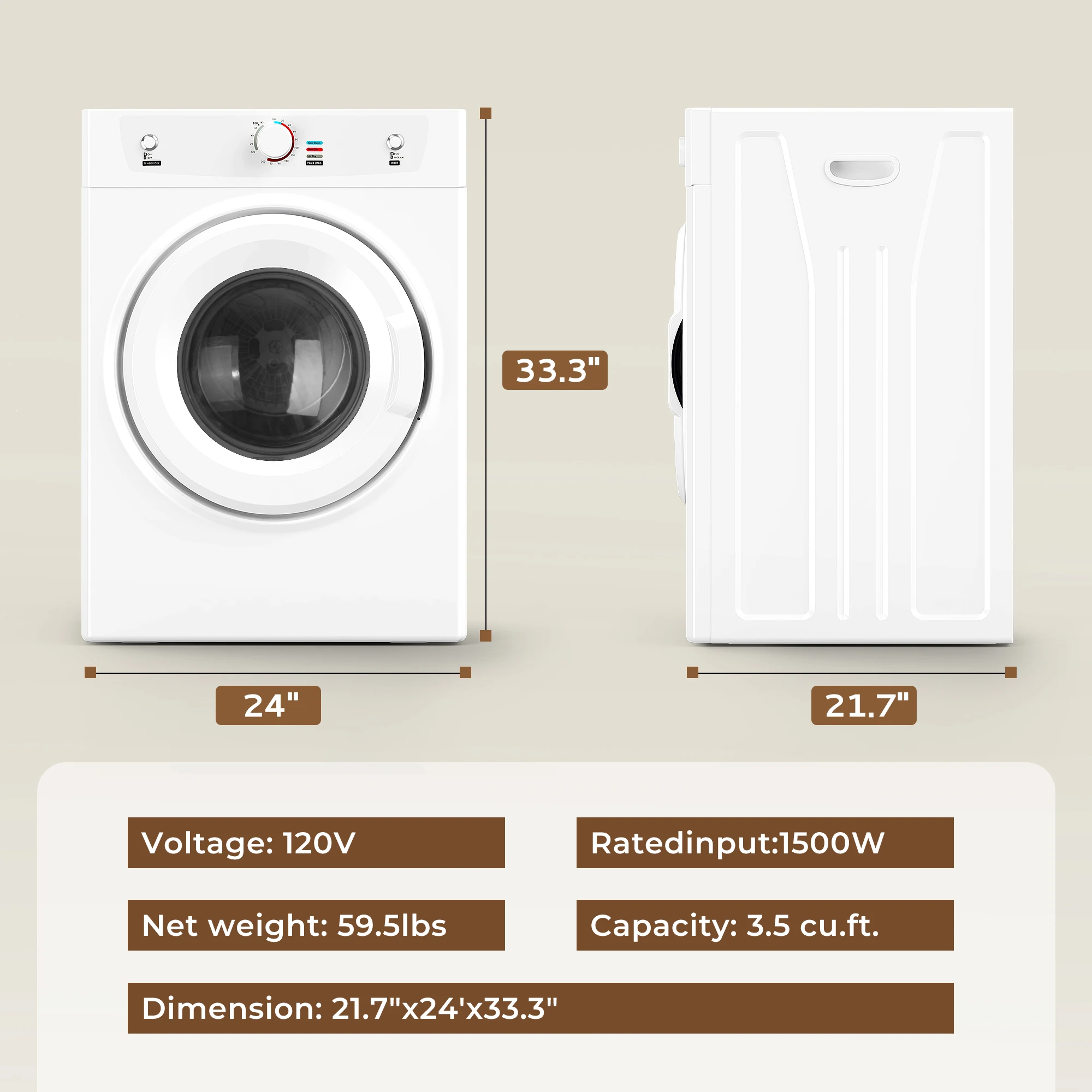 ICYGLEE Clothes Dryer 3.5Cu.Ft. 1500W Portable Dryer Stainless Steel Tumble Dryer with Exhaust Hose for Home Apartment White