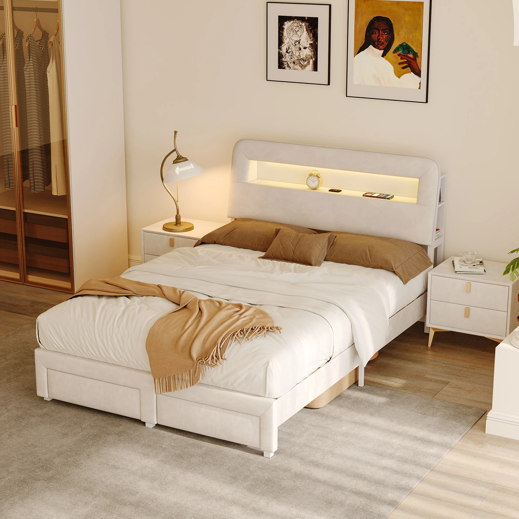 Lit Aura en bois 160x200 avec Sommier et rangement, Tête de lit double avec fermeture, Tête de lit avec LED et ports USB, Velut, Beige