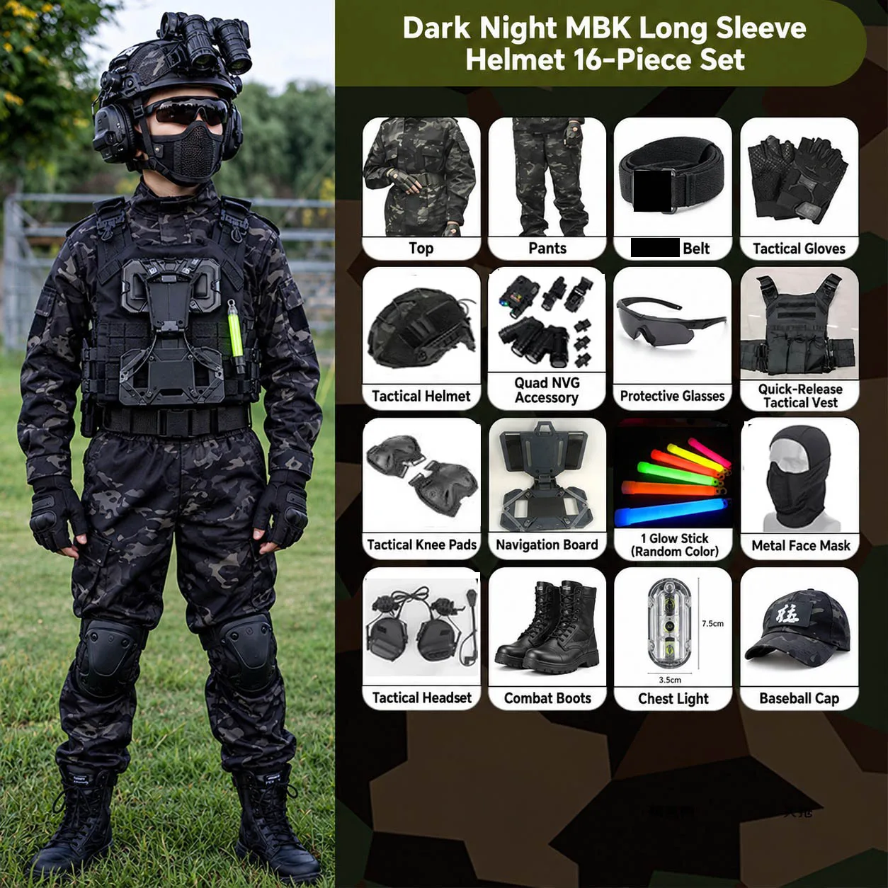 QX Premium Cotton Kids Tactical Camo Vest Set Quick Release Vest Special Forces Cosplay Costume Halloween Gift Outdoor Sport