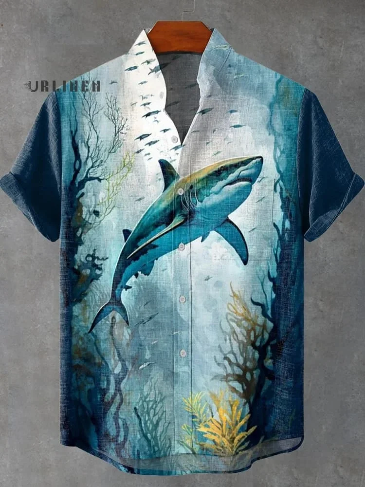 Новая мужская рубашка из льняной удобной ткани с короткими рукавами и принтом рыбы в стиле ретро, гавайская рубашка, быстрая доставка