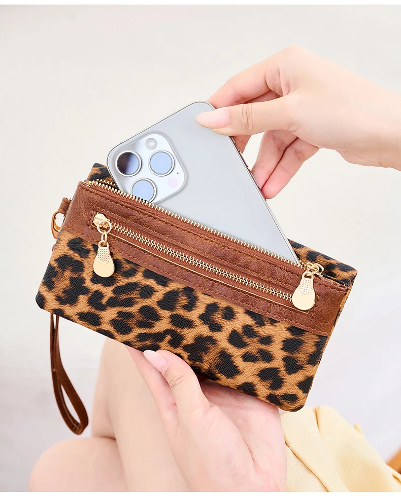 Vintage Damen-Geldbörse mit Leopardenmuster, Doppelreißverschluss, PU-Leder, lange Geldbörse, multifunktionale Kreditkarten-Clutch mit Handgelenkschlaufe – Detail 2