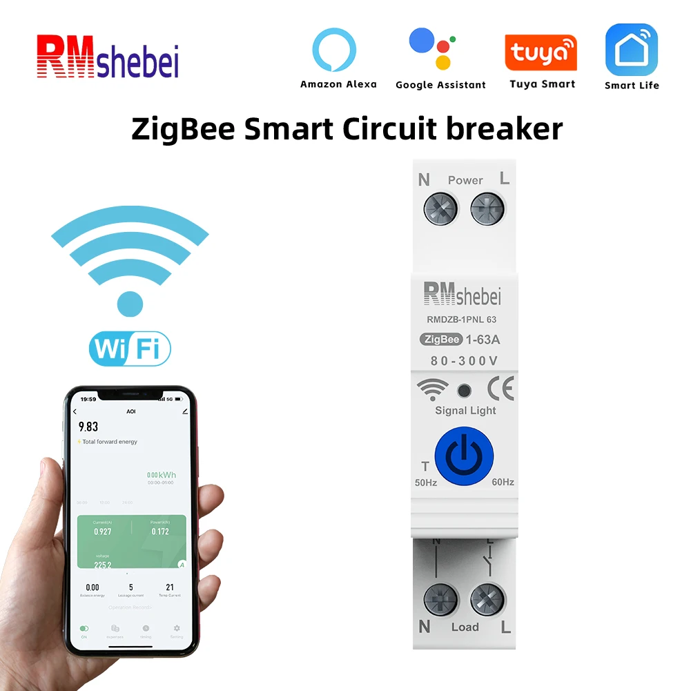 RMshebei WiFi ZigBee Smart Circuit Breaker with Power Monitor Metering 1P 63A DIN Rail work with Smart life Alexa Google home