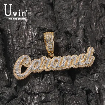 UWIN Iced Out Round CZ Stones Cursive Names Necklace Custom 2 Layers Name Necklace Personalized Fashion Hip Hop Jewelry Gift