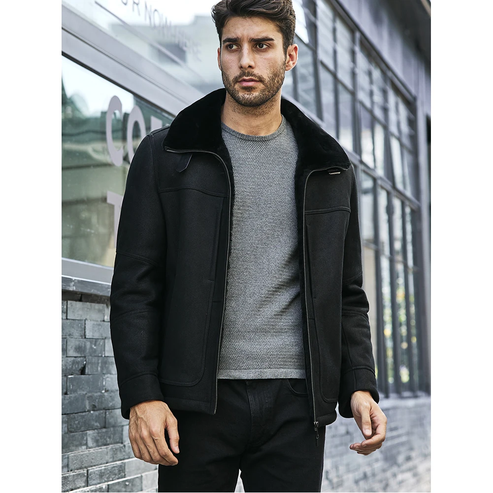 Denny&Dora Men’s Shearling Jacket – Black Short Leather Coat, Winter Sheepskin Fur Lining​