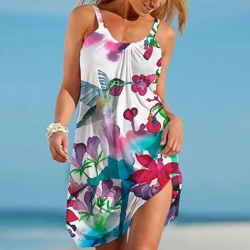 Women\\\'s Floral Print Dress Hawaii Style Crew Neck Mini Dress Casual Sleeveless Loose Oversized  Beach Dress Resort Wear Summer