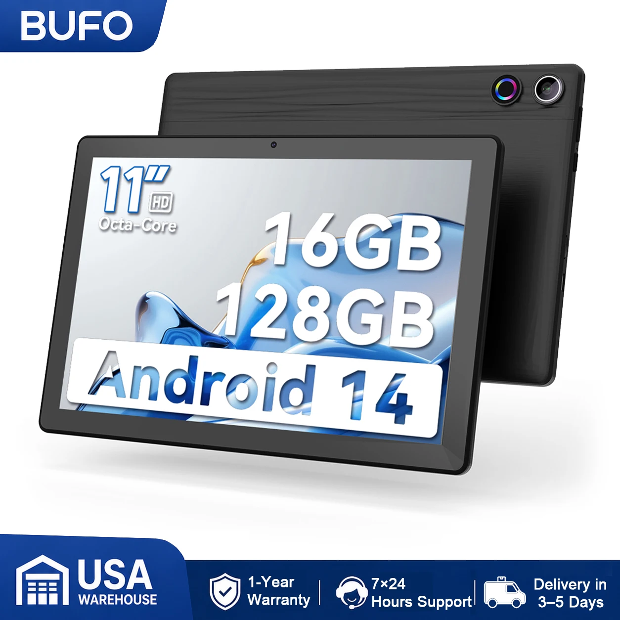 A7 Octa Core Tablet PC 10.95 Inch HD Screen Android 14 Tablet 16GB(4+12) RAM 128GB Storage Expandable 1TB TF Card 6800mAh Battery 5MP+8MP Camera Business Entertainment Tablet Black White