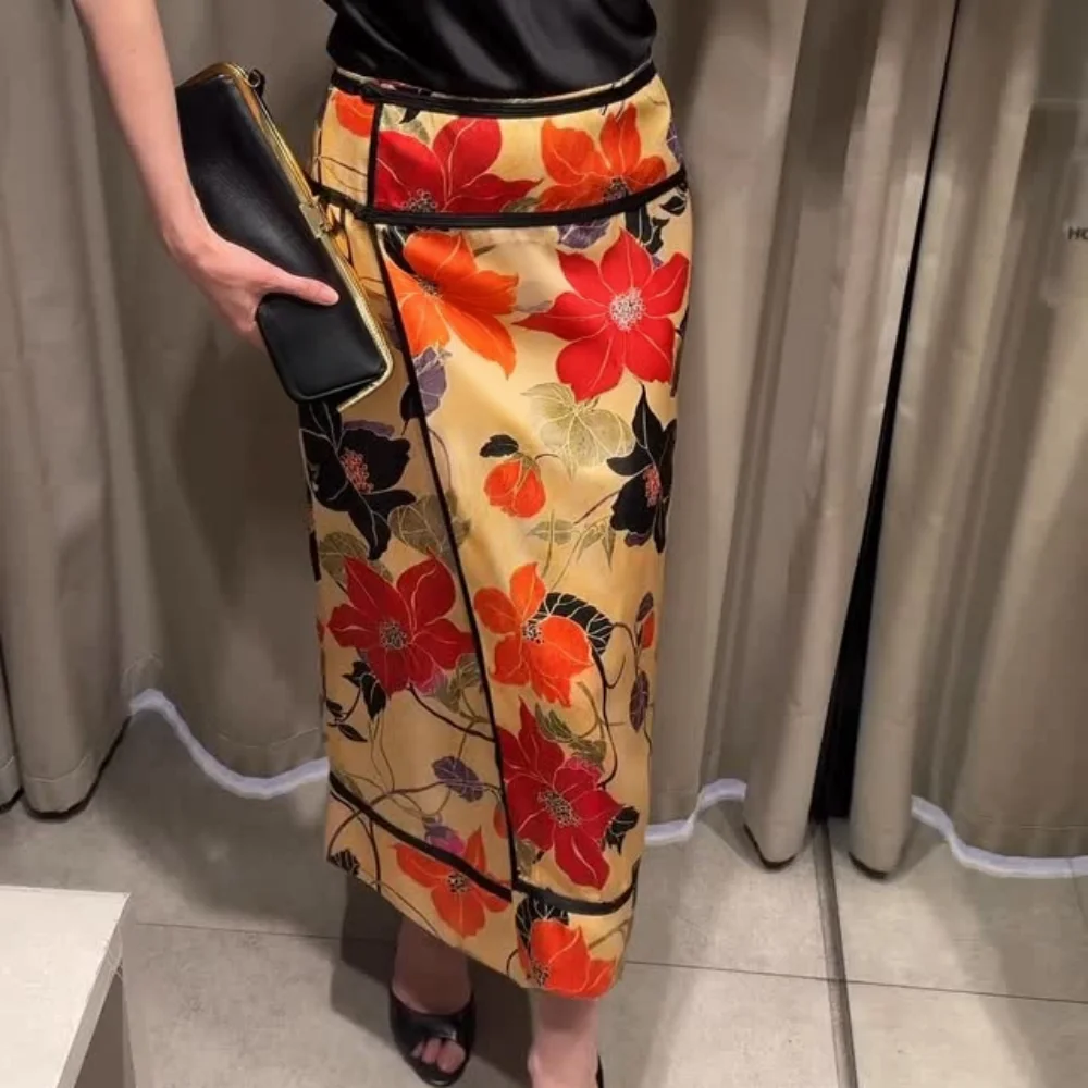 Women Chinese Style Vintage Floral Print Midi Skirt High Waist Contrast Trim Wrap Pencil Skirt Elegant Long Party Bottoms 2026