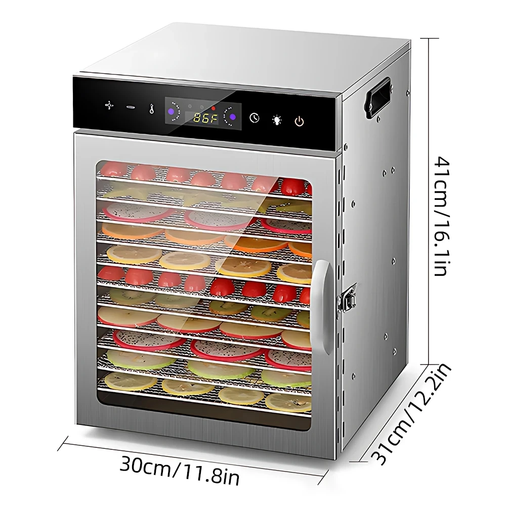 Dörrgeräte für Lebensmittel und Trockenfleisch mit 24-Stunden-Timer und Licht, 12 Trockengestelle, 800W, 30-90 ℃ Gemüse- und Obst-Dehydrator mit EU-Stecker