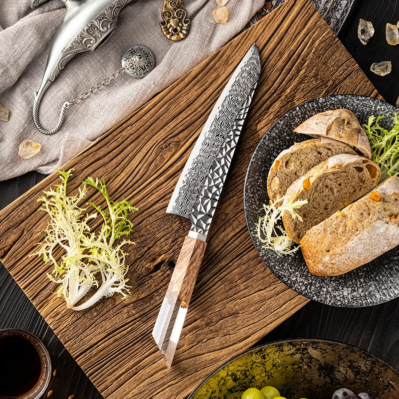 Premium Quality Chef Knife 8 Inch Damascus Blade Stabilized Wood Handle Meat Vegetables Cooking Butcher Kitchen Tool Beige White