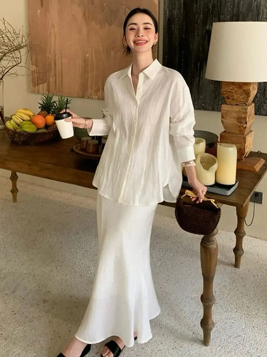 

Elegant classic women's breathable 100% linen white skirt suit