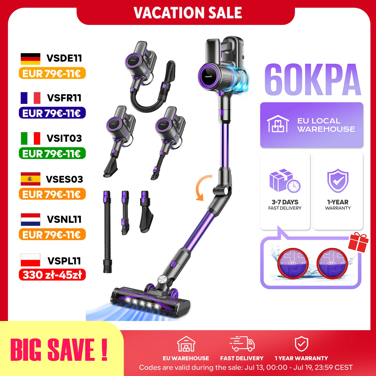 Poweart N700 Aspirateur sans Fil, 60KPa, Autonomie 50 Min, Réservoir 1L, pour Poils d'Animaux, Tapis et Sols Durs