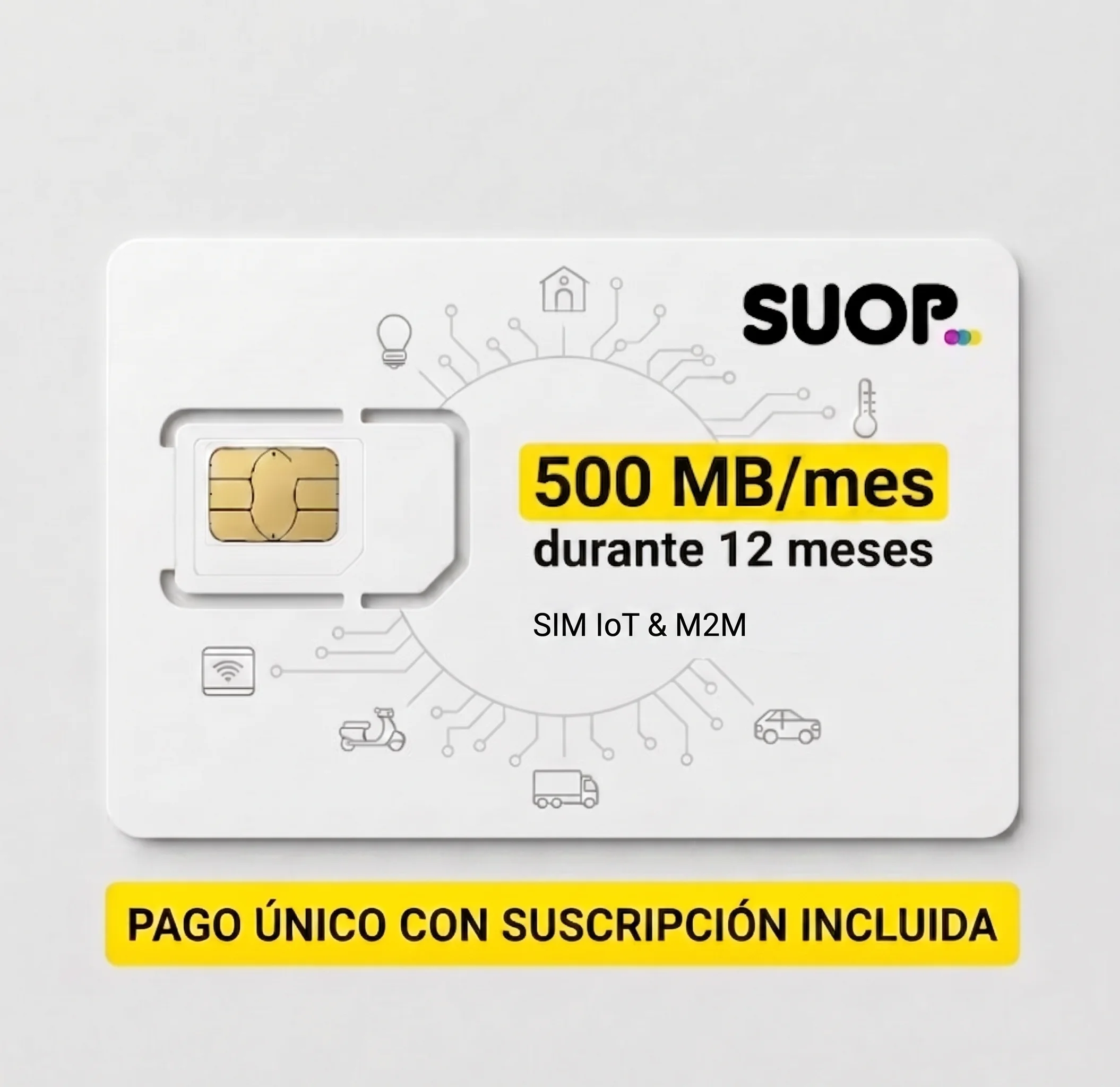 Carte SIM de données pour les appareils IoT, M2M et d'automatisation domestique |     Forfait prépayé avec 500 Mo par mois pendant 12 mois |     Paiement unique annuel |     Couverture mondiale en Europe |     Réseau multi-opérateurs 2G/3G/4G