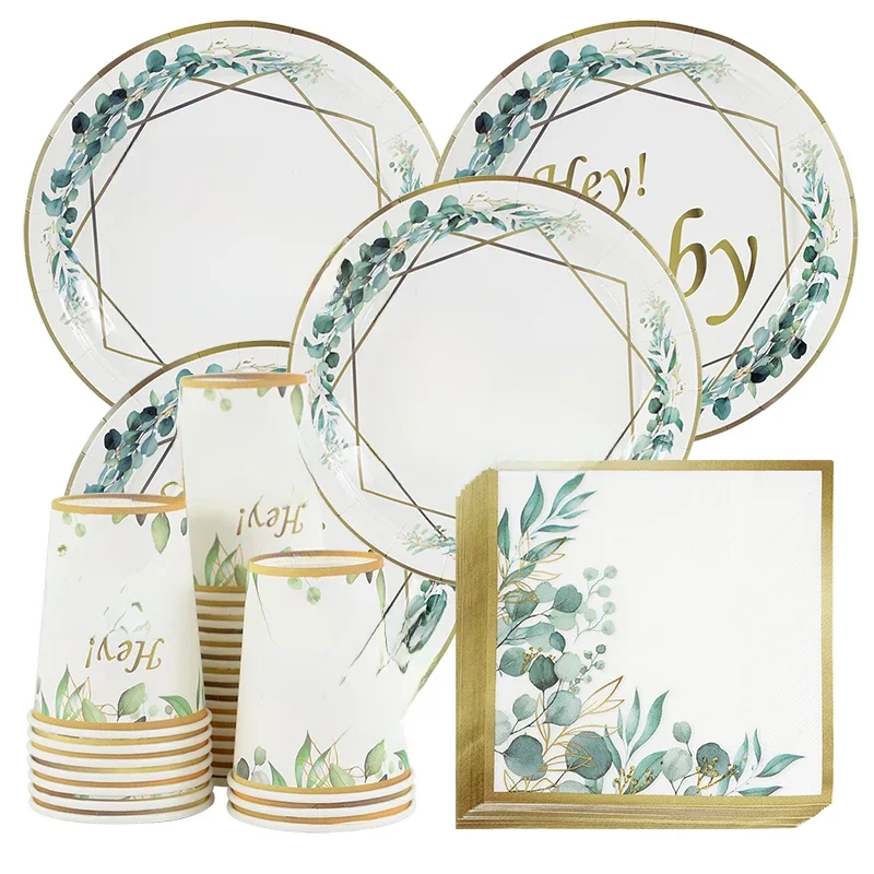 12/24 stücke grünes Blatt bron zieren hey Baby Papp teller Tasse Serviette Geschlecht offenbaren