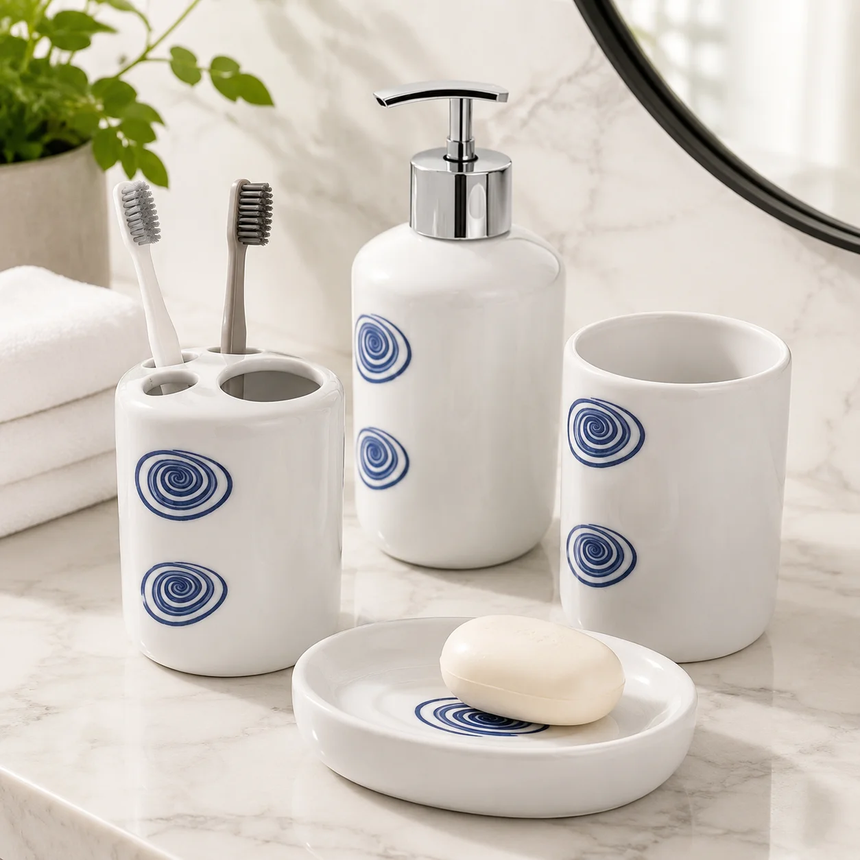 Ensemble d'accessoires de salle de bain en céramique 4 pièces avec design spirale moderne, distributeur de savon + porte-brosse + gobelet + porte-savon, ensemble de salle de bain résistant à l'humidité pour comptoir de maison ou d'hôtel, idéal comme cadeau