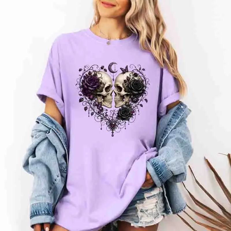 The Lovers Skull Couple Tee Dark Romance Gothic T-Shirt Women Dark Academia Botanical Whimsigoth Clothing