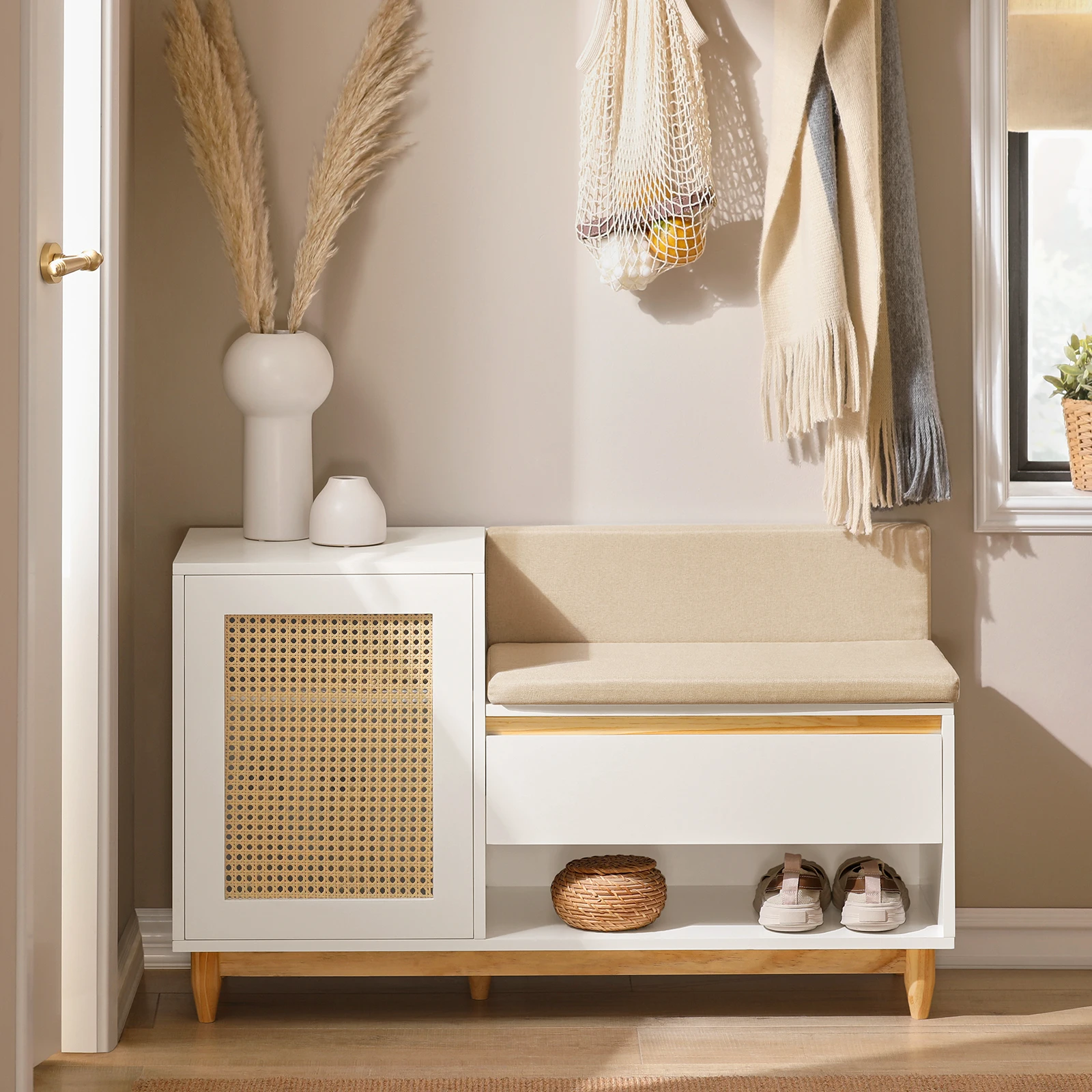 SoBuy FSR128 Banco de zapatos con aspecto de rejilla y tablón de almacenamiento, asiento para zapatos, cómoda para zapatero para niños