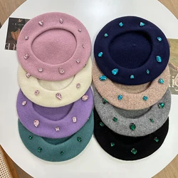 Autumn and winter wool Woman beret diamond solid color luxury winter ladies hat simple girl fashion painter hat