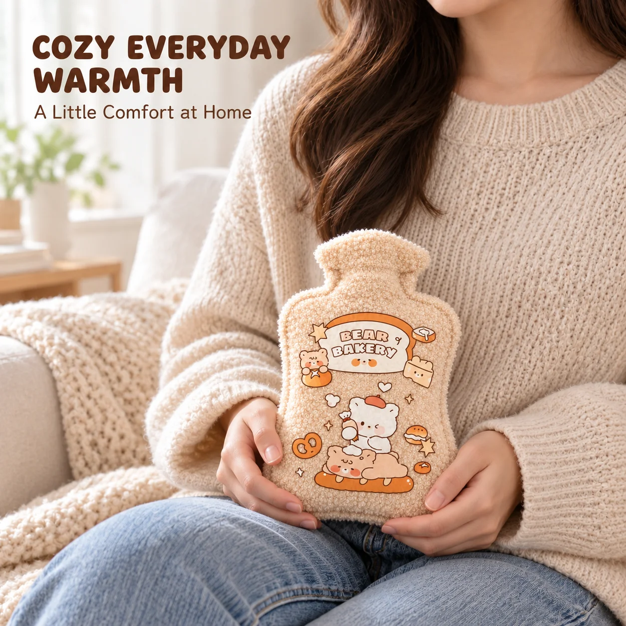 Hot Water Bottle 600ml, Soft Teddy Fleece Mini Hand Warmer, Cute Bear and Fruit Designs for Home, Office and Winter Gifts