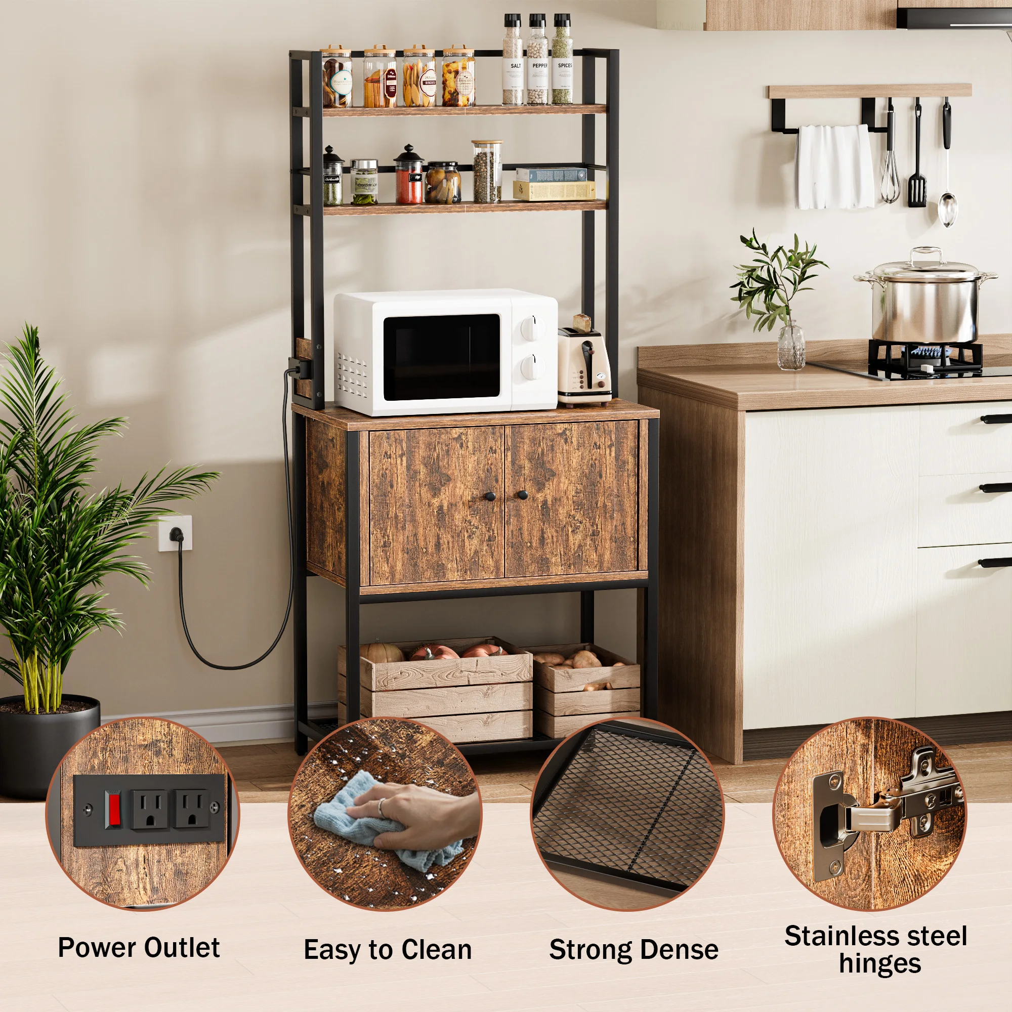 

For kitchen and restaurant baking rack with storage cabinet /5-layer bread rack/power socket/metal spice rack/microwave bracket