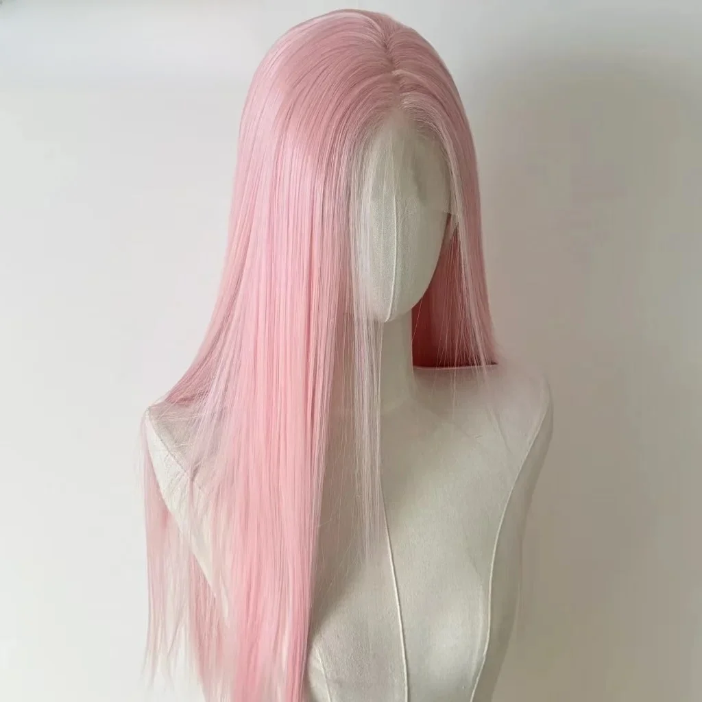 Perruque Lace Front Wig synthétique rose clair 13x4, perruque de 26 pouces longue et lisse, perruque de Cosplay en Fiber naturelle douce et résistante à la chaleur pour femmes