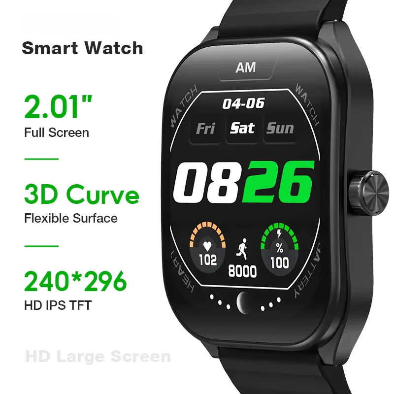 

Водонепроницаемые умные часы со сверхдолго сроком службы батареи, 2,01-дюймовый сенсорный экран высокой четкости, интеллектуальный детектор для занятий спортом и фитнесом