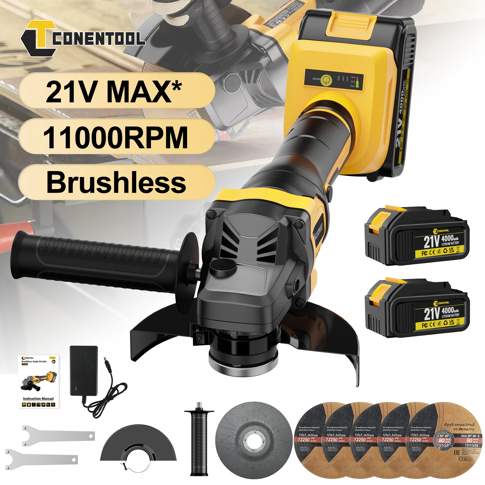 CONENTOOL – meuleuse d'angle électrique sans balais, 125MM, 3 vitesses, 21V, outil de coupe et de polissage du métal, sans fil, pour batterie Makita 18V