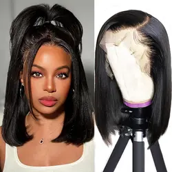 HD Transparent Lace Front Wig Natural Black Straight Short bob 13x4 Lace Frontal Human Hair Wigs For Black Women 200% Density