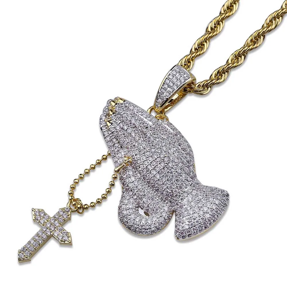 Custom Fashionable Praying Hands Pendant Necklace Personalized Diamond Encrusted Praying Hands Pendant Hip Hop Accessory For Men