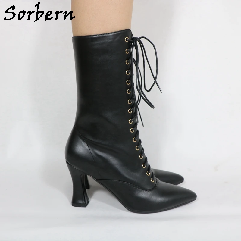 Sorbern Unisex Kitten Heel Boots Women 10Cm High Heel Lace Up Fetish Drag Queen Kinky Boot Pointy Toe Ankle Booties Custom Color