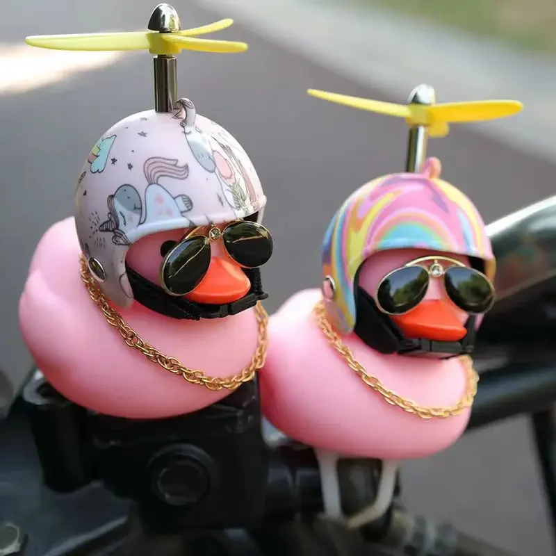 AliExpress High Quality Pink Rubber Duck Bike Ornament with Sunglasses, gold Chain, propeller for Car Dashboard