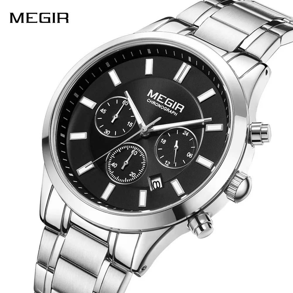 MEGIR Brand Fashion Men's Sport Quartz Watches Chronograph Luminous Waterproof Men Business Wristwatch Stainless Steel Bracelet