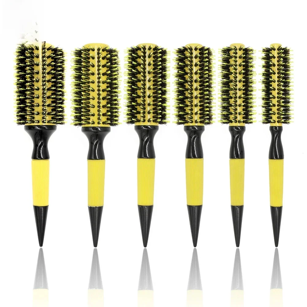 Brosse à Cheveux Professionnelle Ronde en Bois, 6 Poils de TANBoar, Mélange Nylon, Salon Femmes, Outils de Coiffure, Jaune Brésil, Curlerl