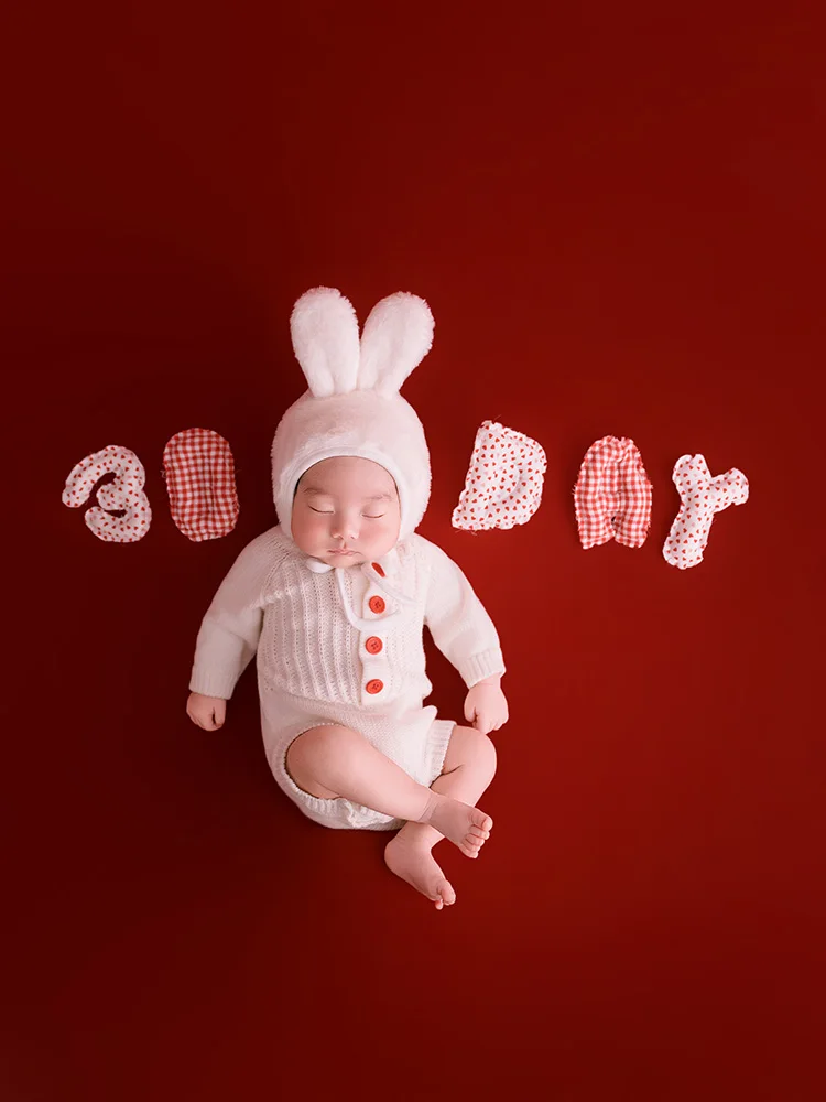 Professional Newborn Milestone Photography Props Set-Baby Romper Rabbit Ear Hat Teddy Bear Doll Decor for Studio Shooting Props