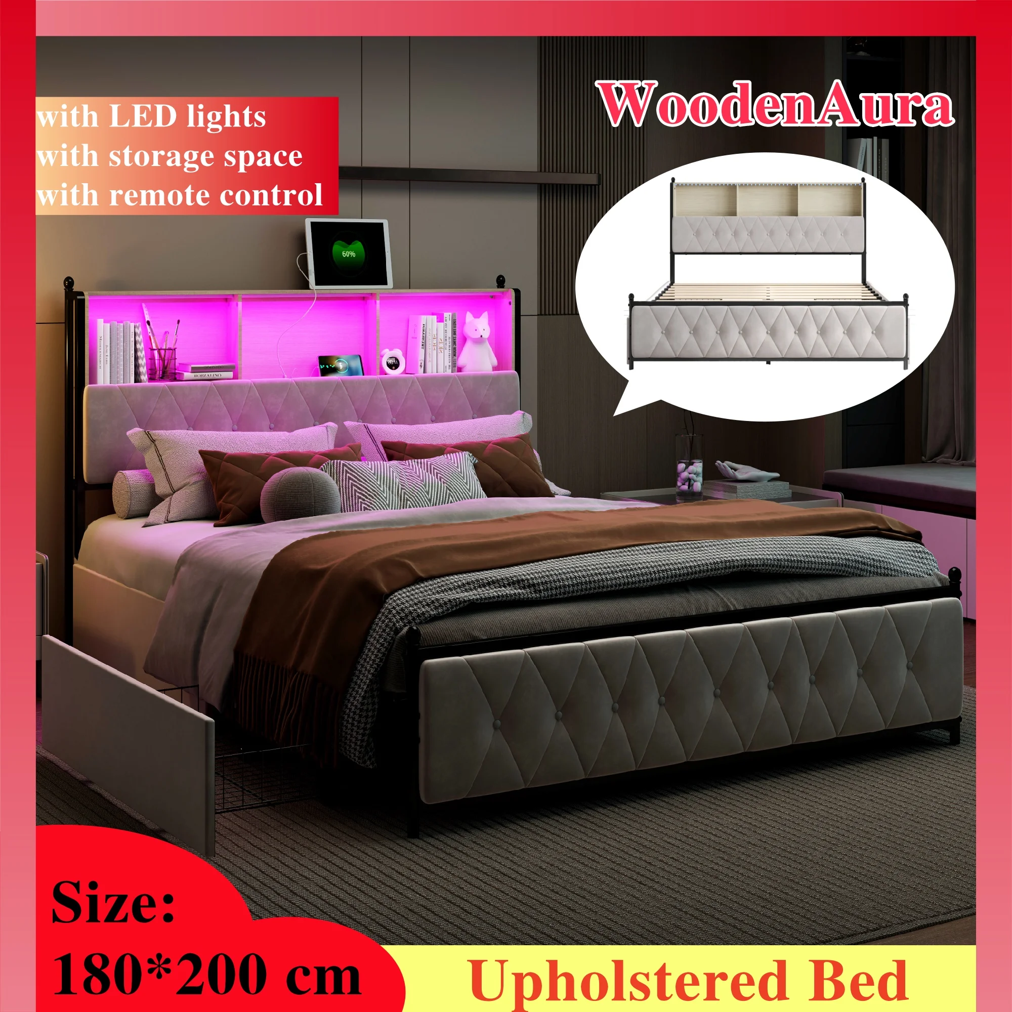 WOODENAURA Cama tapizada 180x200cm, cama doble extragrande con cuatro cajones, cabecero con compartimentos de almacenamiento, colchón no incluido