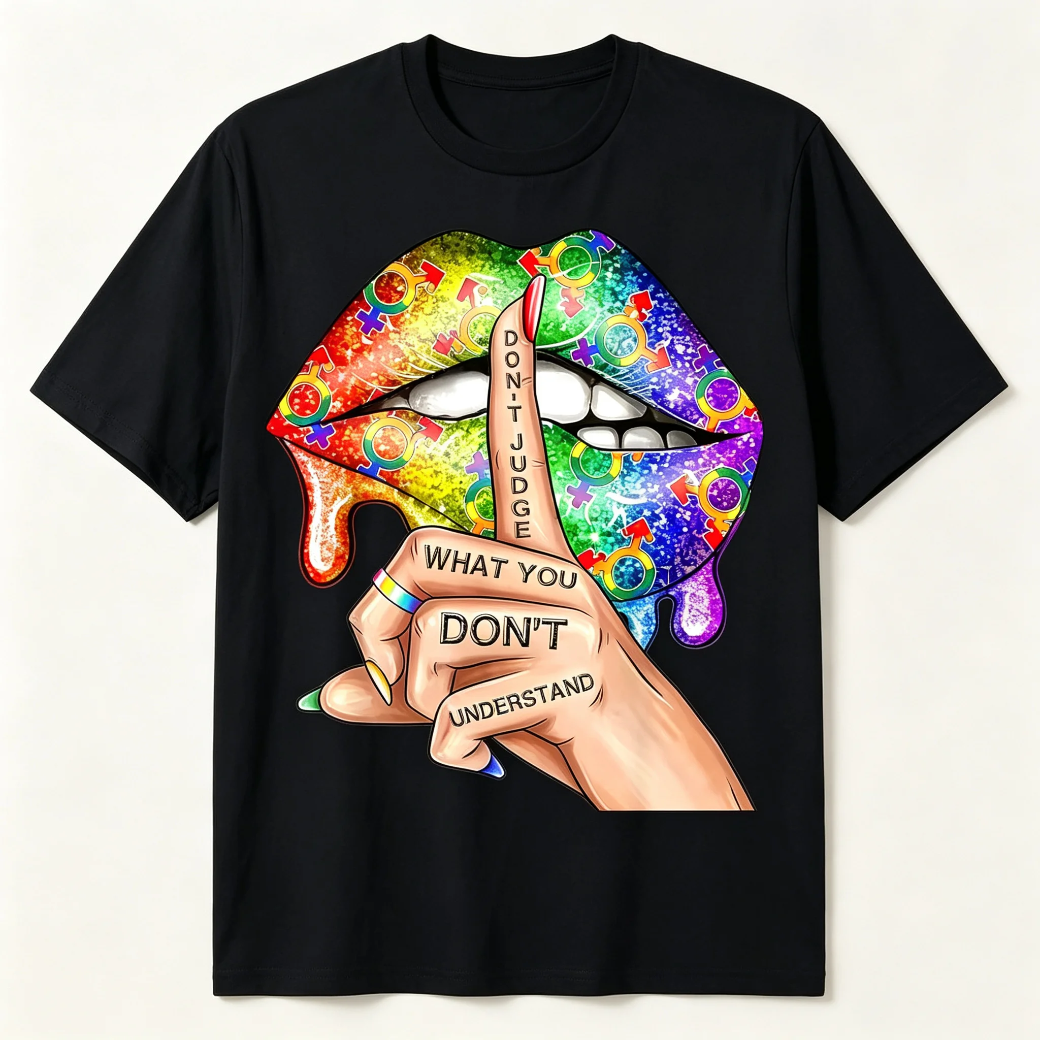 Don't Judge What You Don't Understand Rainbow Lips Graphic T‑Shirt, Colorful Dripping Lips Hand Gesture Print Short Sleeve Tee, Pride Equality Casual T‑Shirt for Men Women