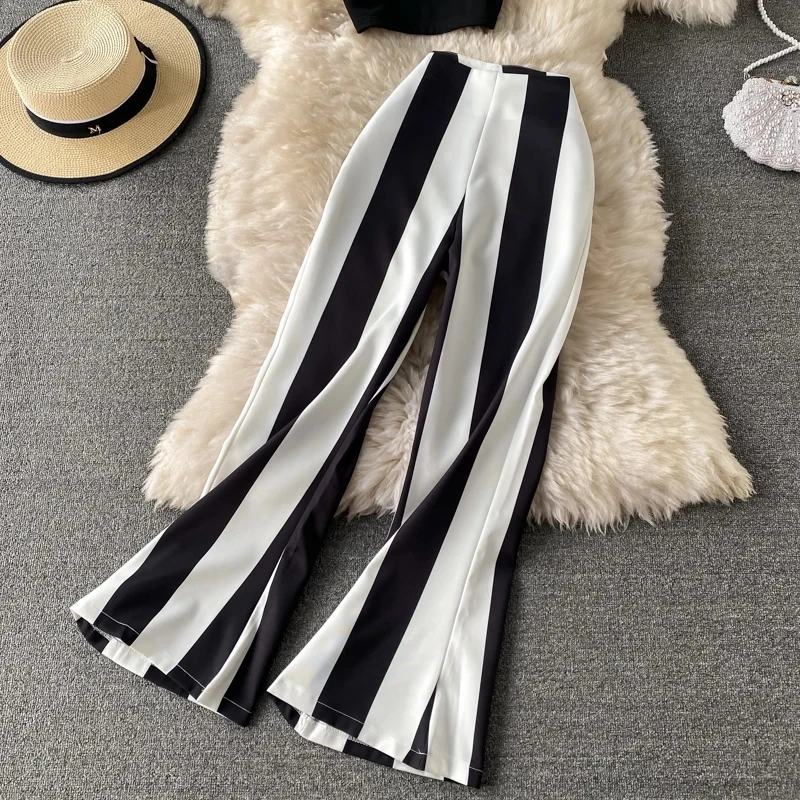 Summer Women Outfits Spaghetti Strap Sexy Tank Tops Stripe Wide-Leg Pantsuit Female New Fashion Vintage Trousers 2 Pieces Suit