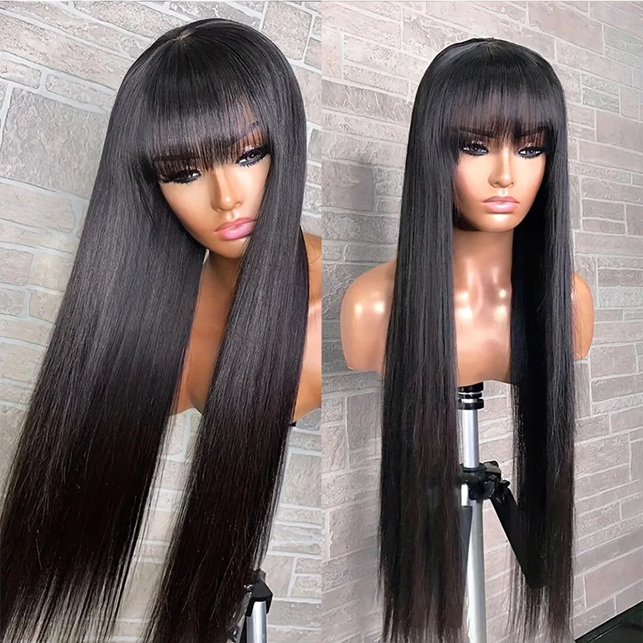 Wig rambut manusia lurus murah dengan poni 3x1 bagian tengah wig renda HD untuk wig hitam wanita Brasil 100% rambut manusia dijual