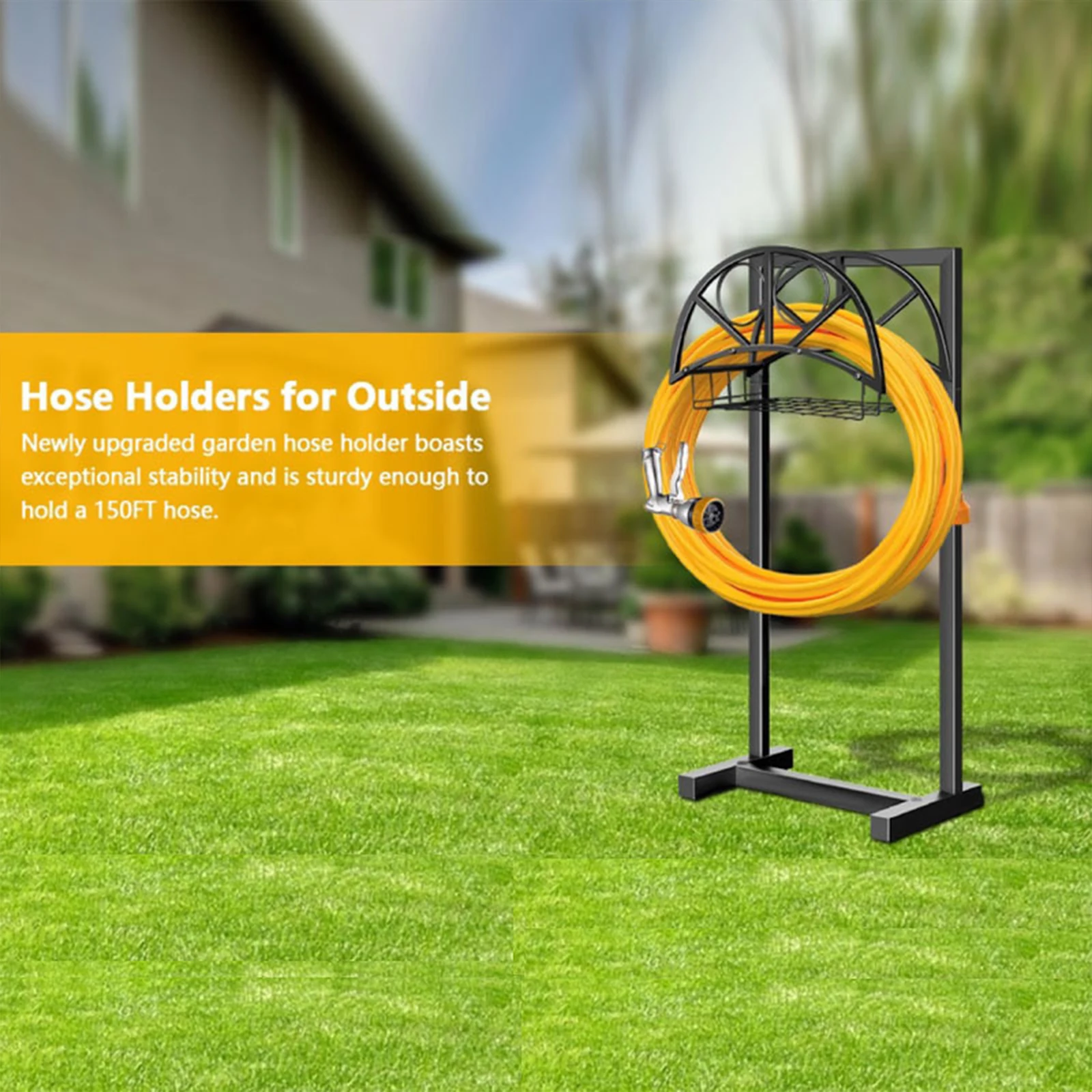 

Garden Hose Reel Rack Freestanding Water Hose Hanger Storage with Basket for Outside Patio Lawn Gardening Watering Equipment