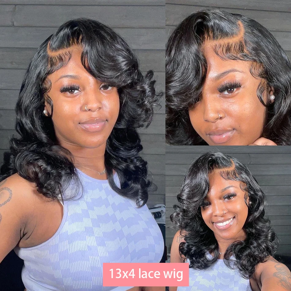 200% Density 13x4 Short Bob Body Wave Closure Lace Frontal Wig 100% Real Human Hair Wigs Brazilian Remy For Women 12 14 16 Inch